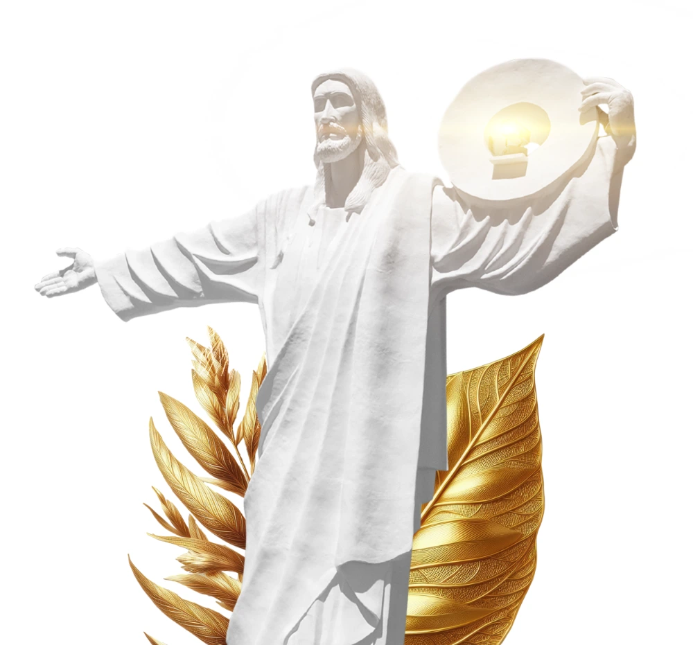 Cristo Luz com folhagens douradas ao fundo